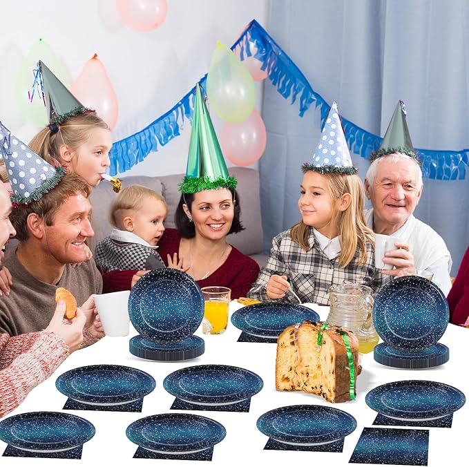48Pcs Starry Night Starry Sky Galaxy Paper Plates and Napkins Solar System Party Decorations Ramadan Birthday Party Supplies Outer Space Disposable Tableware for Baby Shower Boys Girls Serves 24