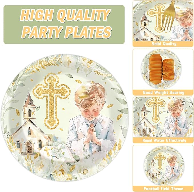 96Pcs First Communion Plates and Napkins for Baptism God Bless Party Supplies Green Mi Primera Comunion Paper Dessert Plates Tableware Set for Boy 24 Guests Baby Birthday Christening Party Decorations