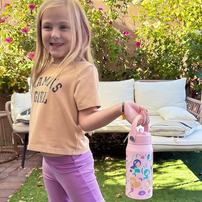 OLDLEY kids Water Bottle - 18oz Insulated Stainless Steel - Wide Straw Lid, Non Spill, Leakproof, Kids Water Bottle for School,Mermaid
