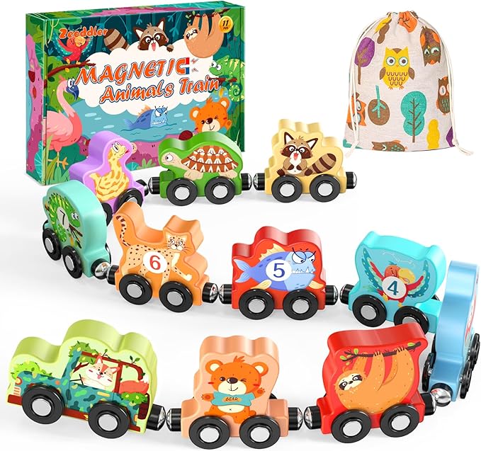 Zeoddler Toys for Toddlers, 11 Magnetic Wooden Animals Train Set, Montessori Toys for Toddlers, Learning Activities, Sensory Activities for Kids, Birthday Gifts for Boys, Girls