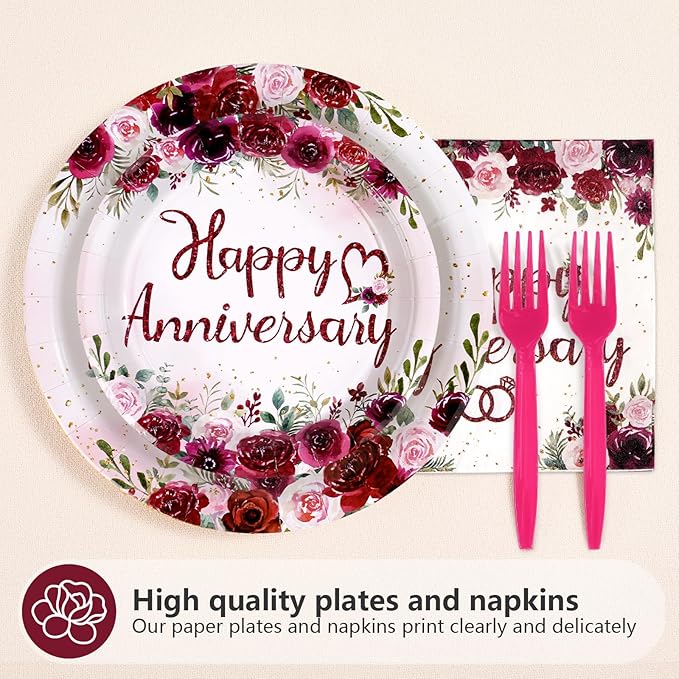 96Pcs Happy Anniversary Party Supplies Burgundy Flowers Anniversary Plates and Napkins Rose Red Burgundy Floral Tableware Set for Women Couple Romantic Wedding Love Party Supplies Serve 24
