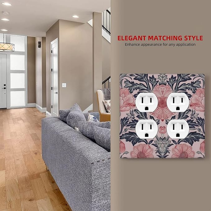 Pink Floral Vintage Botanical Boho Flower Outlet Covers 2 Gang Double Duplex Decorative Light Switch Covers Electrical Wallplates Socket Faceplate for Farmhouse Home Decor