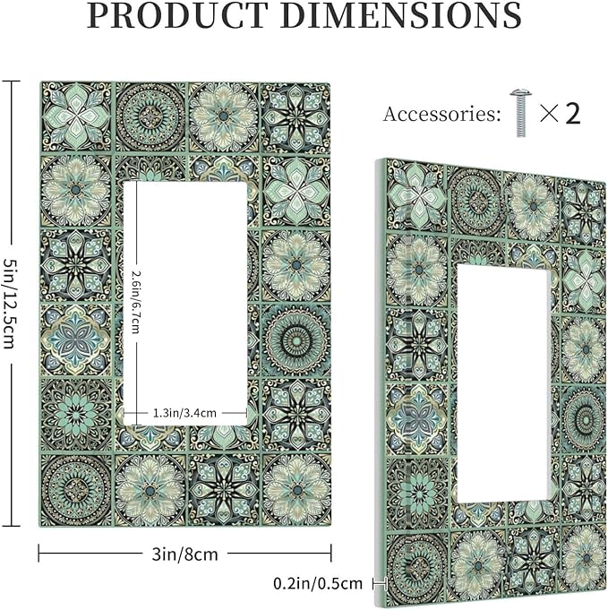 Moroccan Mandala Tile Floral Talavera Tiles Decorative Outlet Covers 1 Gang Single Rocker Light Switch Cover Plate Wall Plates GFCI Faceplate for Bathroom Kitchen Decor