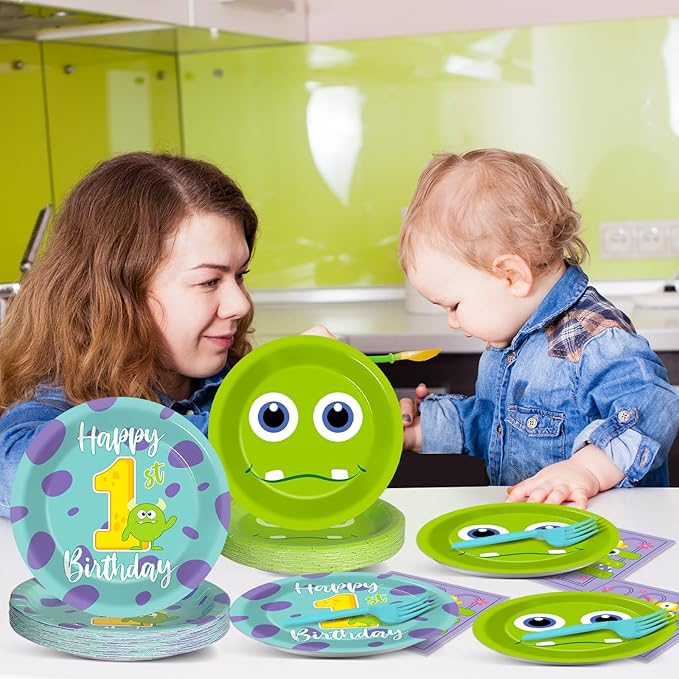 96Pcs Monster 1st Birthday Party Plates and Napkins Happy Monster 1st Theme Decor Monster Baby Shower Disposable Dessert Cake Plates One Year Old Tableware Set for First Birthday 24 Guests