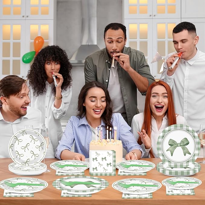 CHUNNIN 96Pcs Green Plaid Bow Spring Plates and Napkins Party Decorations Bow Theme Dessert Paper Plates Napkins Birthday Tableware Set for 24 Guests Girls Baby Shower Picnic BBQ Party Suppliess