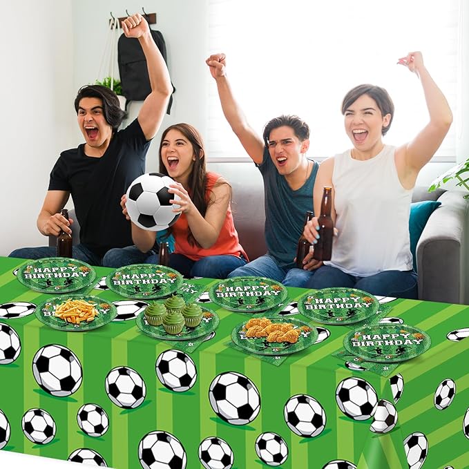 Soccer Party Supplies Serves 24 Soccer Birthday Decorations Party Paper Plates and Napkins Includes Plastic Sports Birthday Disposable Tablecloth Set Tableware for Sports Party Supplies for Boys Girls