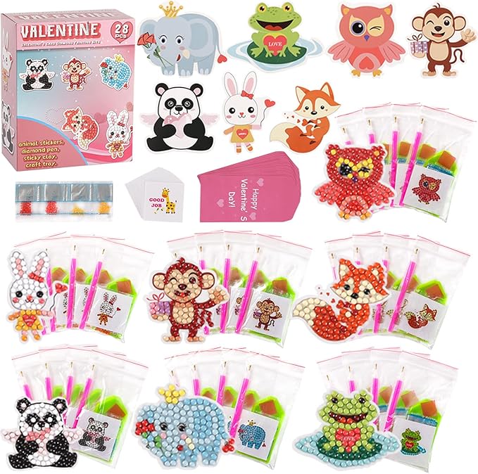 Valentine's Day Cards for Kids - 28pcs Diamond Animal Craft Kits With 7 Different Gem Stickers for School Classroom Exchange Gifts and Decorations