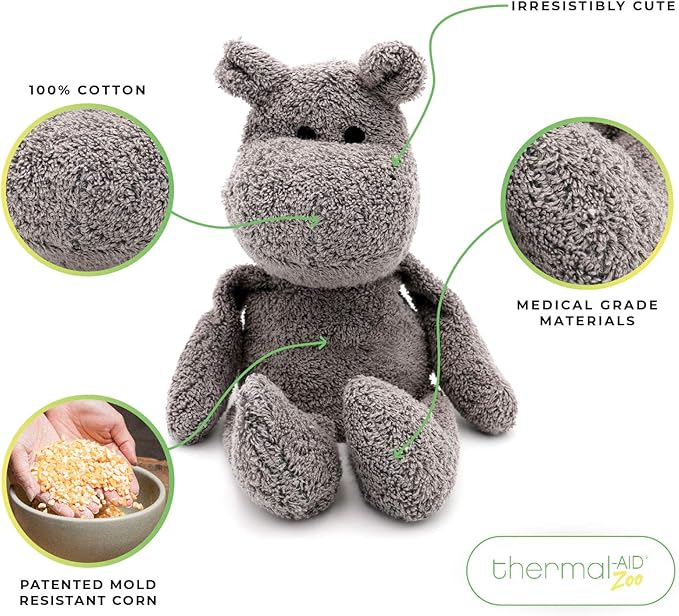Thermal-Aid Zoo Mini — (Happy the Hippo) — Mold-Resistant, Washable Hot & Cold Pack for Kids — Heating and Cooling Pad with Natural Corn Filling — Reusable Plush Toy