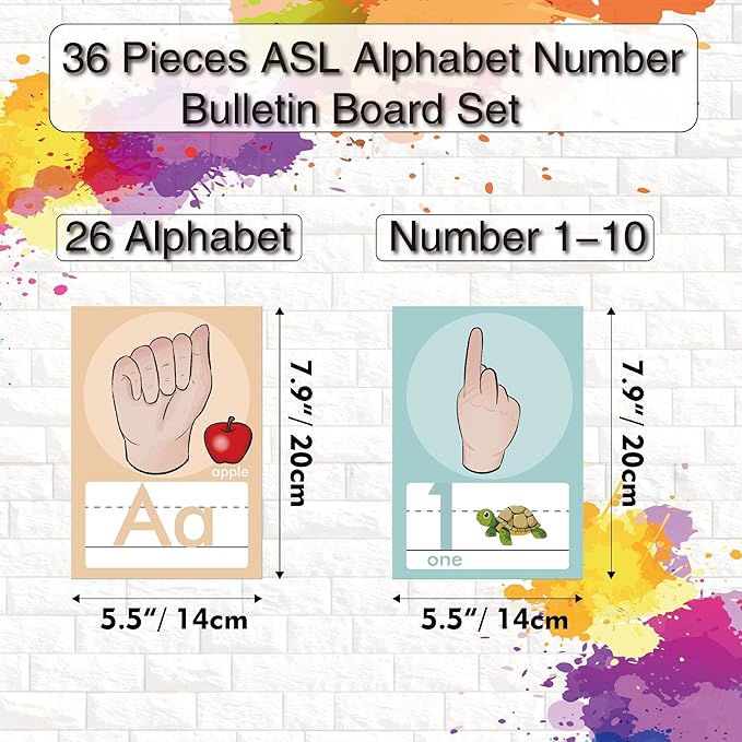 YIYDONG 36 Pieces ASL Alphabet Line Bulletin Board Set ABC Number Sign Language Flash Cards Wall Decorations for Pre-School Kindergarten Elementary Classroom Nursery Homeschool (Soft Tones)