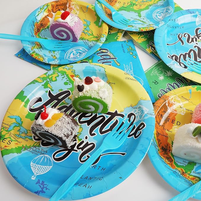 Wiooffen 96 Pcs Adventure Awaits Party Supplies Travel Map Birthday Plates Napkins Forks for Birthday Retirement Going Away Bon Voyage Paper Tableware Set Adventure World Party Decorations 24 Guests