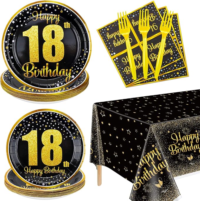 18th Birthday Decorations for Boys Girls - 81 Pcs Plates Napkins 18th Tablecloth Forks Set Black and Gold Party Decorations Serve 20