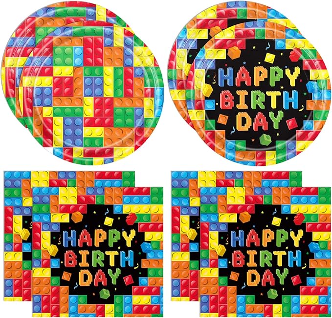 40Pcs Building Block Party Supplies Building Blocks Birthday Paper Plates Tableware Set Colorful Blocks Supplies Include Paper Plates Napkins for Birthday Party Decor Supplies