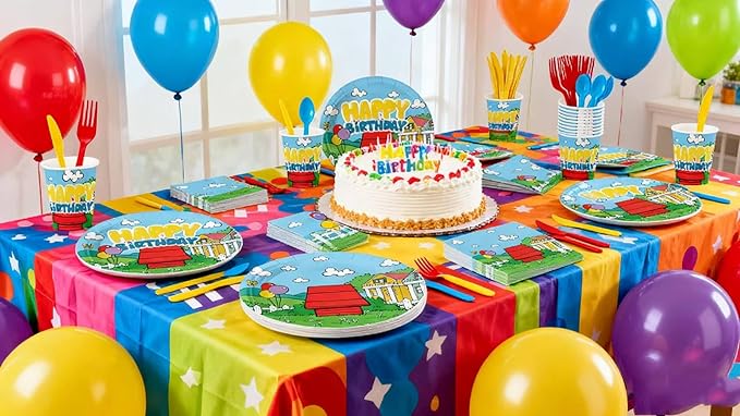 Cartoon Dog Party Supplies for kids Cartoon Themed Birthday Party, Peanuts Party Decorations Disposable Tableware Set With Plates, Cups, Napkins & Cutlery for 24 Guests