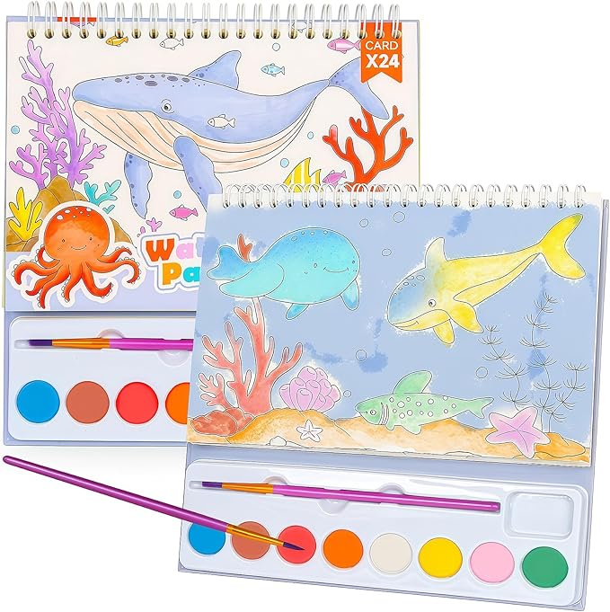 JCREN Paint with Water Books for Kids, Watercolor Coloring Book Mess Free Watercolor Painting Set, Arts and Crafts Water Color Paint Kit Birthday Gifts for Kids Toddlers 3-5 Boys Girls(Sea)