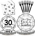 96Pcs Black Bow 30th Birthday Party Decorations She's Tying up Her Twenties Plates and Napkins Scalloped Black and White Bow Tableware Set for 30 Years Old Women Rip 20s Birthday Supplies Serves 24