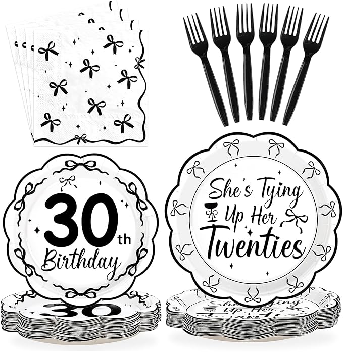 96Pcs Black Bow 30th Birthday Party Decorations She's Tying up Her Twenties Plates and Napkins Scalloped Black and White Bow Tableware Set for 30 Years Old Women Rip 20s Birthday Supplies Serves 24