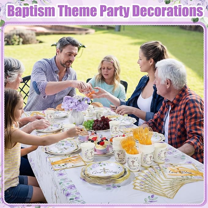 Pickmesh 194 Pcs God Bless Baptism Party Decoration Girl for 24, Purple Floral Baptism Confirmation Paper Plate Napkin Cup Tablecloth Cutlery for First Holy Communion Christening Baby Shower Supplies