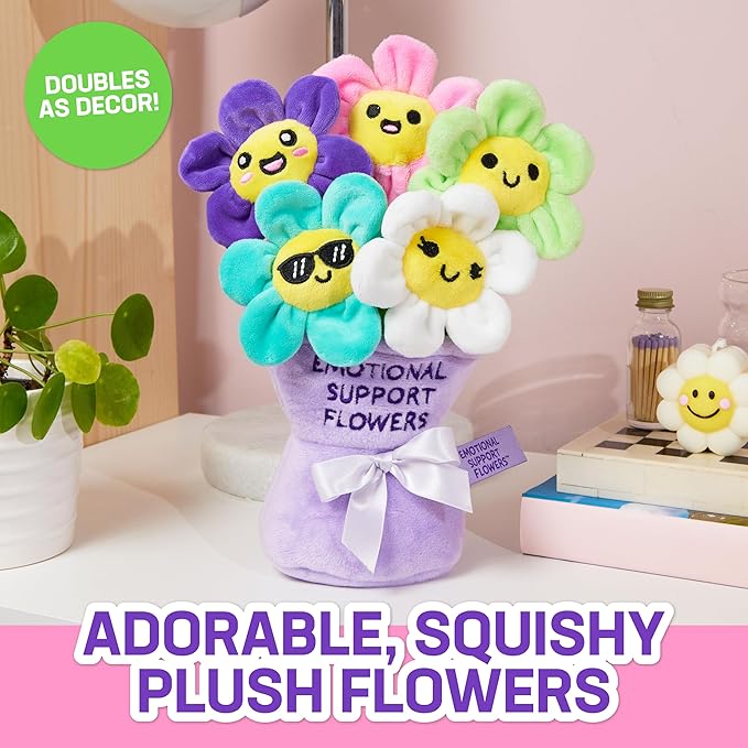 WHAT DO YOU MEME? Emotional Support Flowers by Relatable, Cuddly Stuffed Animals and Plushies Set, Small Gifts for Mom, Includes 5 Flowers Plush Toys with Carrying Basket, for Mom