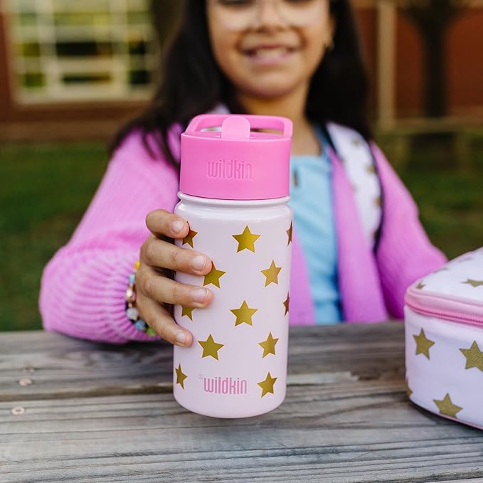 Wildkin Kids 14oz Stainless Steel Water Bottle – BPA-Free, Leakproof, Insulated, Easy-Clean - Pink and Gold Stars