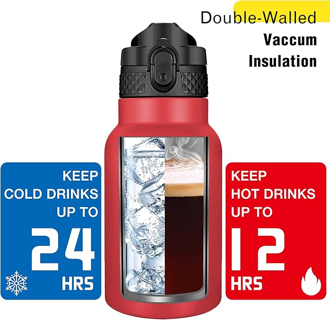 Han's Bottle Kids Water Bottle with Straw Lid - Insulated Stainless Steel Reusable Tumbler for Girls,Boys,Thermo Mug,12oz,Red