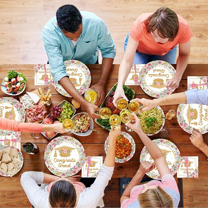 200Pcs Pink Graduation Party Plates, Floral Class of 2026 Congrats Grad Party Decorations Supplies Rose Gold Women Graduation Prom Disposable Tableware Set for College High School, Serves 50