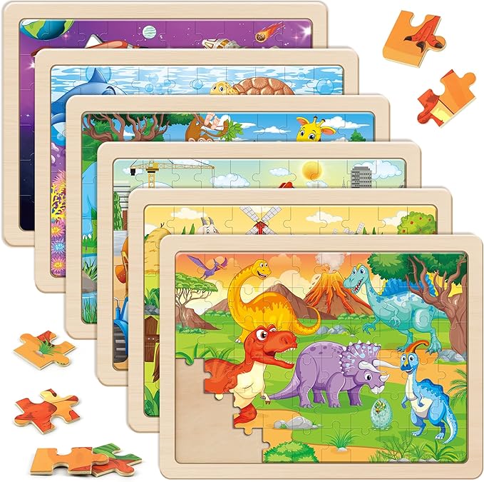 SYNARRY Wooden Puzzles for Kids Ages 4-6, 6 Packs 60 PCs Jigsaw Puzzles Preschool Educational Toys for Children Ages 4-8, Puzzles for Kids Ages 6-8 Boys Girls, Easter Basket Stuffers for Kids
