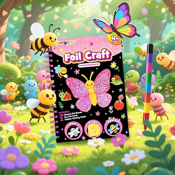 FUNNYB&G Foil Art Crafts for Kids Ages 4-8: Mother's Day 2026, Birthday Gift for Girls, Art and Crafts Supplies, Party Favors, Creative Toys for Girls 4 5 6 7 8 9 Years Old(Insects)