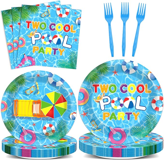 96Pcs Two Cool Pool Birthday Party Supplies Summer Swimming Pool 2nd Birthday Paper Plates and Napkins Summer Beach Tableware Set Serves 24 Guests 2 Years Old Hawaiian Pools Party Decorations