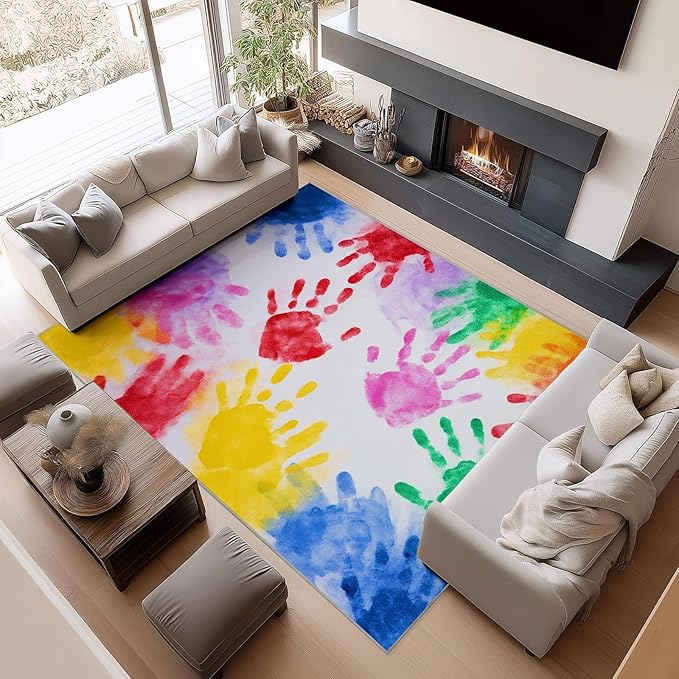 Abstract Handprint Pattern Washable Kids Area Rug 3×8ft Colorful Ultra Soft Non-Slip Rug for Nursery Kids Girls Boys Teen Dorm, Indoor Low-Pile Throw Carpet for Hallway Play Mat