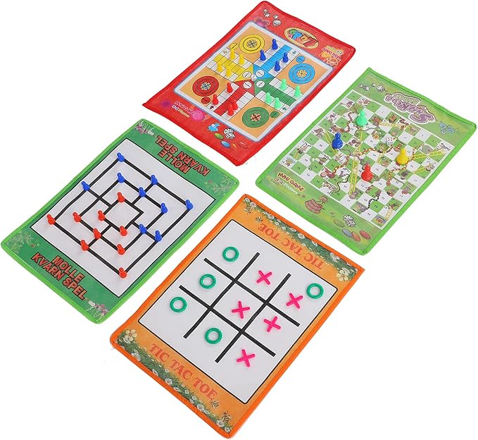 Sorandy 4 in 1 Kids Chess Set, Foldable Non Woven Fabric Board Games for Children, Snake and Ladder Ludo Nine Men Morris Set with Portable Lightweight Design, for Indoor Outdoor Family