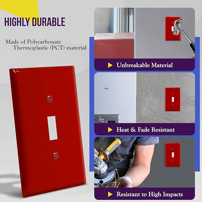 ENERLITES Toggle Light Switch Wall Plate, 1-Gang 4.88" x 3.11", Mid-Size, UL Listed, 8811M-R, Red