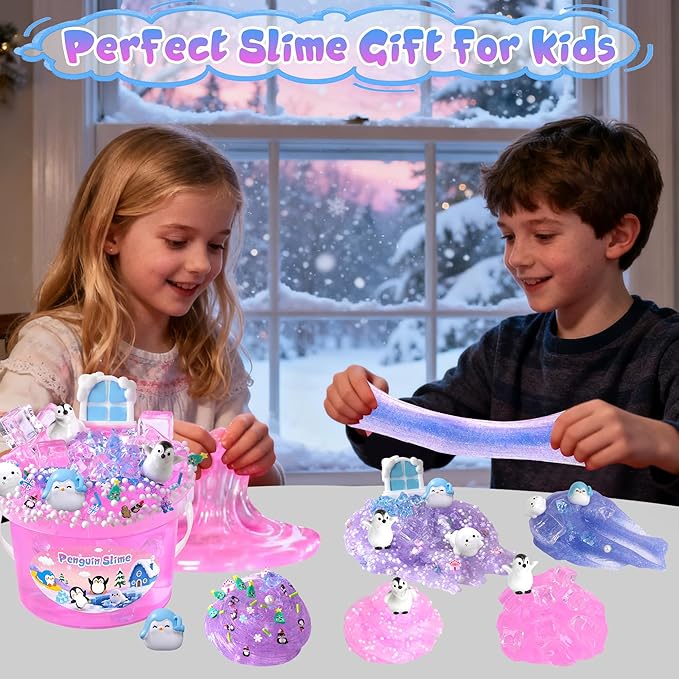 Penguin Slime Kit 10oz, Big Clear Slime Bucket with Cute Charms, Soft Non-Sticky Pink Slime Sensory Toys, Goodie Bag Stuffers Party Favors Birthday Gifts for Boys Girls Ages 4-12
