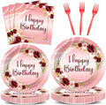 96Pcs Burgundy Birthday Party Supplies Burgundy Floral Paper Plates Napkins Flower Birthday Party Tableware Set Red Gold Dinnerware for Girl Party Baby Shower Decoration Serve 24
