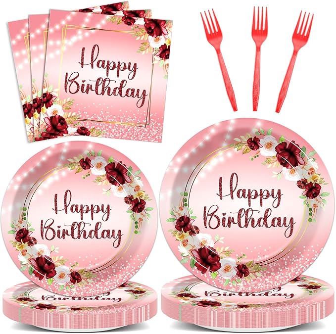96Pcs Burgundy Birthday Party Supplies Burgundy Floral Paper Plates Napkins Flower Birthday Party Tableware Set Red Gold Dinnerware for Girl Party Baby Shower Decoration Serve 24