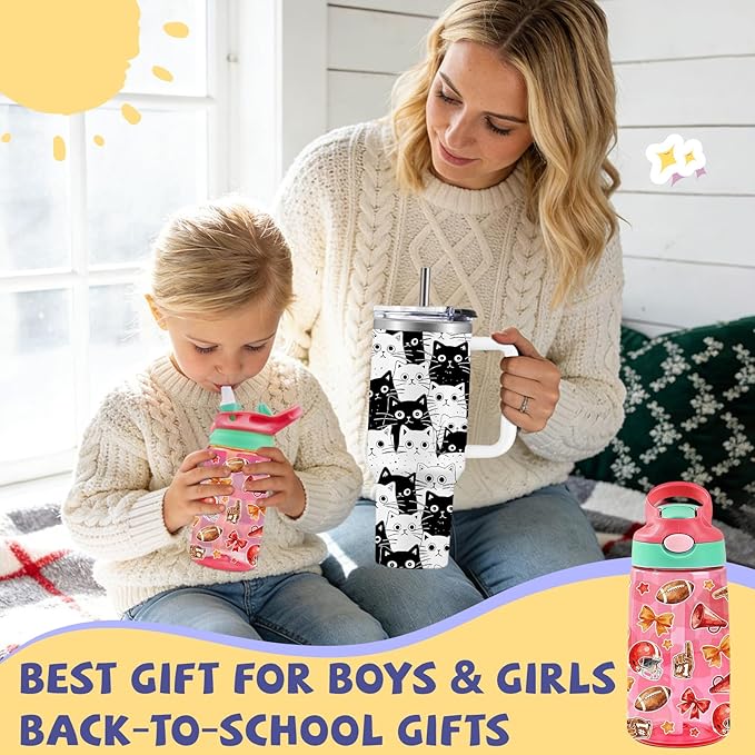 14oz Rugby Car Kids Water Bottle with Straw Lid - Football Water Bottles for Kids, Leakproof, Lightweight, Durable Plastic Bottles for School, Pop-Up Straw Cover, Gift Cup for Girls Boys (Rugby)