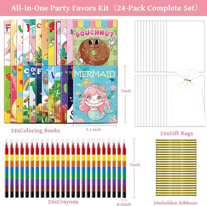 Kalysky 24 Pack Mini Coloring Books with Stackable Rainbow Crayons for Kids Ages 4-12 | Birthday Party Favors, Goodie Bag Stuffers,Classroom Prizes,Return Gift–Bulk Coloring Activity Set for Toddlers