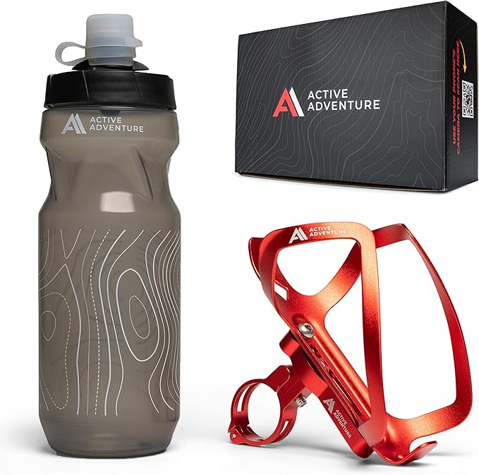 Bike Water Bottle Holder Combo - 20 Oz Squeeze Bottle & Bicycle Mount Cage Rack, No Screws Needed, Durable Alloy - Fits All Handlebar Bikes & MTB Mountain Road - for Adults, Kids (Red)
