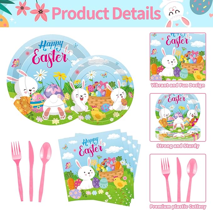 175 Pcs Easter Day Tableware Set - Serves 25, Happy Easter Bunny and Egg Disposable Plates, Cups, Napkins, Forks, Spoons, Knives for Spring Gatherings, and Kids' Birthday Party Supplies