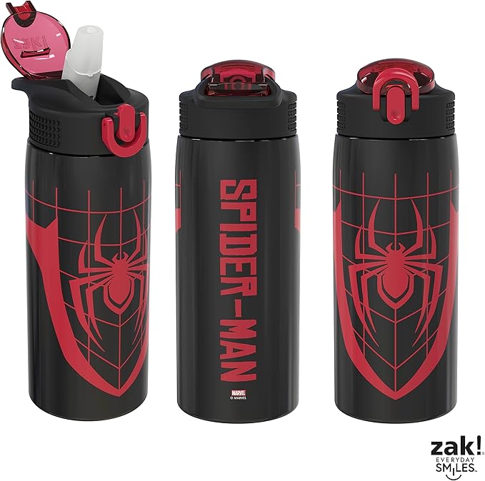 Zak Designs Marvel Spider-Man Water Bottle for Travel and At Home, 19 oz Vacuum Insulated Stainless Steel with Locking Spout Cover, Built-In Carrying Loop, Leak-Proof Design (Miles Morales)