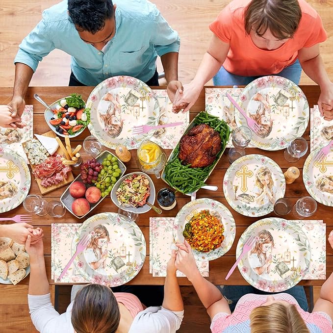 96Pcs First Communion Plates and Napkins for Baptism God Bless Party Supplies Pink Mi Primera Comunion Paper Dessert Plates Tableware Set for Girl 24 Guests Baby Birthday Christening Party Decorations