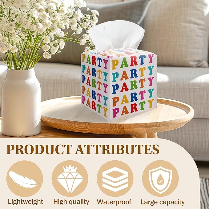 Colorful Party Tissue Box Cover – PU Leather Square Party Decor with Belt Bottom, Ideal Table Centerpiece & Party Favor for Birthday, Bridal Shower & Celebrations Decorations