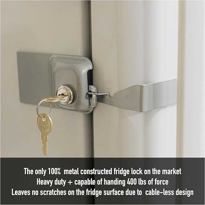 Child Proof Fridge Lock with Key | 100% Metal Refrigerator Lock for Toddlers & Kids | 400 lbf 3M Adhesive No-Drill | Baby Safety Freezer Cabinet Lock (1 Pack, Gray)