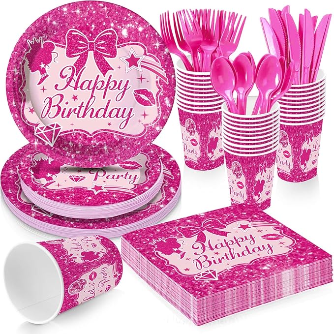 Hot Pink Dolls Themed Party Supplies for Girls Pink Birthday Party, Princess Party Decorations Disposable Tableware Set With Plates, Cups, Napkins & Cutlery For 24 Guests