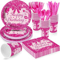 Hot Pink Dolls Themed Party Supplies for Girls Pink Birthday Party, Princess Party Decorations Disposable Tableware Set With Plates, Cups, Napkins & Cutlery For 24 Guests