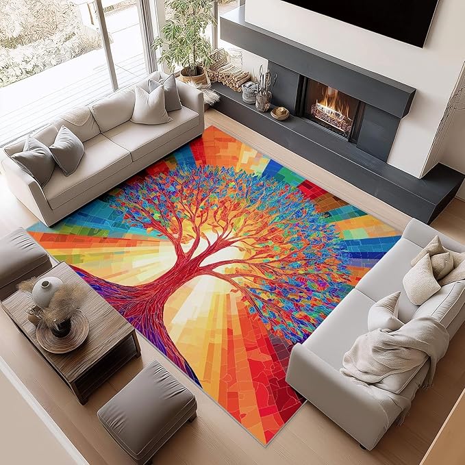 Colorful Tree of Life Rugs 2.6×4ft Washable Non-Slip Accent Carpet for Living Room, Bedroom Dining Room, Ultra-Thin Low-Pile Throw Rug for Kitchen Hallway Laundry Room Home Decor
