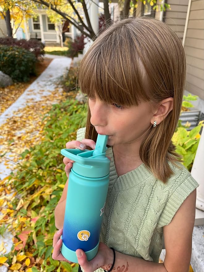 mininoo Kids Water Bottle for School, 16oz Stainless Steel Insulated Water Bottle Kids with Straw Lid for Girls, Boys (Lemon/Green)