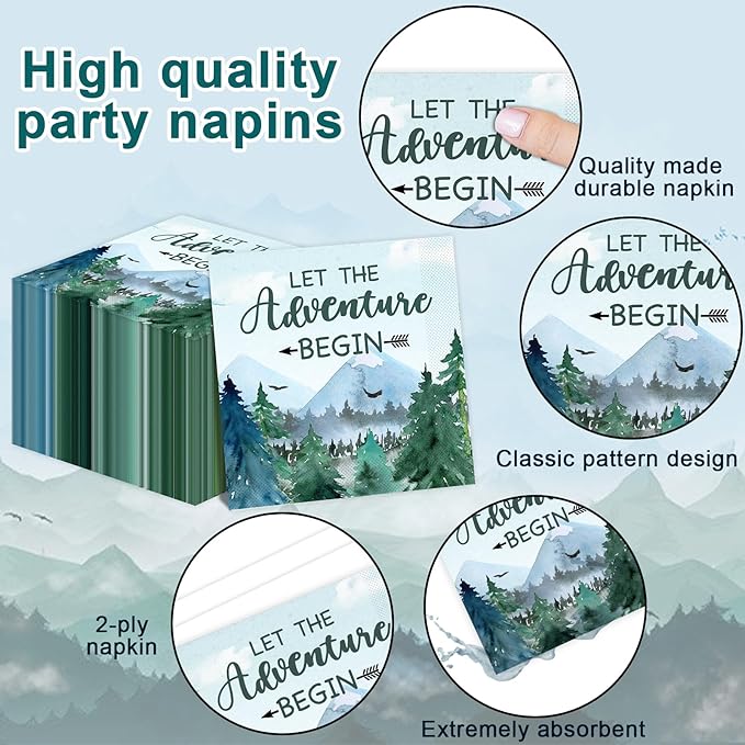ZOIIWA Adventure Awaits Tableware Set Let The Adventure Begin Plates Napkins Tree Mountain Wilderness Tablecloths Winter Party Dinnerware for Kids Baby Shower Birthday Party Decor Supplies
