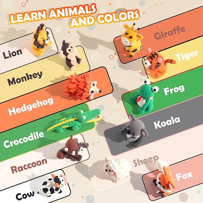 Air Dry Clay Kit - Animal Theme, Modeling Clay for Kids, DIY Model Magic Clay with Sculpting Tools and Tutorials, 12 Boxes Molding Clay, Ultra Light, Soft & Non-Sticky, Arts and Crafts Gift for Kids