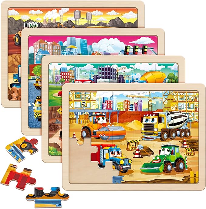 SYNARRY Large Wooden Construction Vehicle Puzzles for Toddlers 3-5, 24 Piece Monster Truck Puzzles for Kids Ages 4-6, Construction Toys for 3 4 5 6 Year Old, Kids Toys Easter Basket Stuffers Gifts