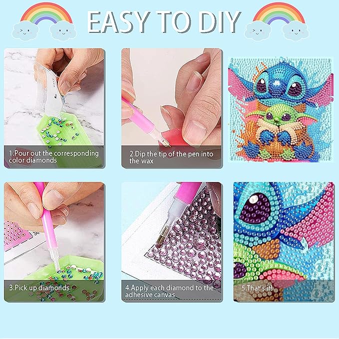 Fuinkqe 4 Packs Diamond Art Kits for Kids,Cartoon Diamond Art for Kids Ages 4-8,5D DIY Diamond Art Kits Ages 8-12,Mosaic Kits Gem Art for Home Wall Decor 6X6 Inch